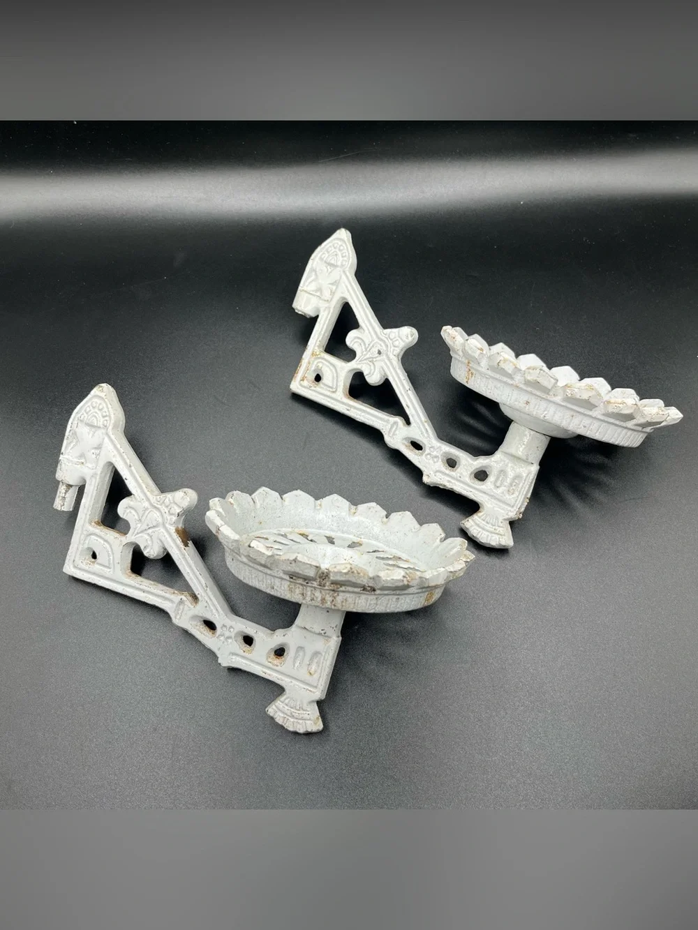 Vintage Gothic Cast Iron Wall Mount Soap Dishes White Architectural Salvage Pair